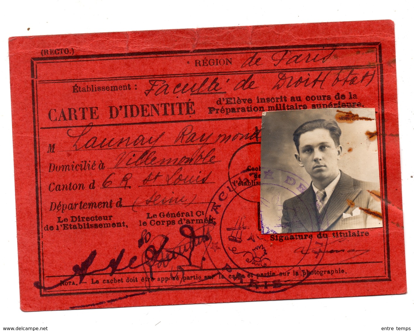 Carte Identité De Prépa Militaire  Etudiant Faculté  Droit Paris - Autres & Non Classés