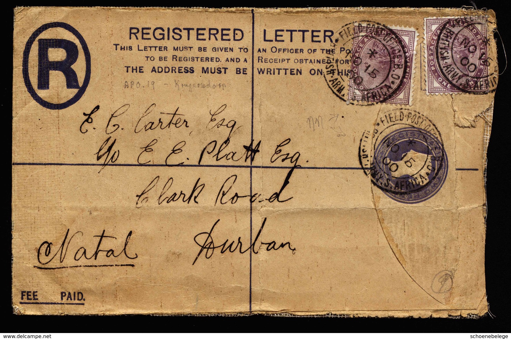 A5893) UK South Africa Natal R-Brief Fieldpost 11/15/1900 - Natal (1857-1909)