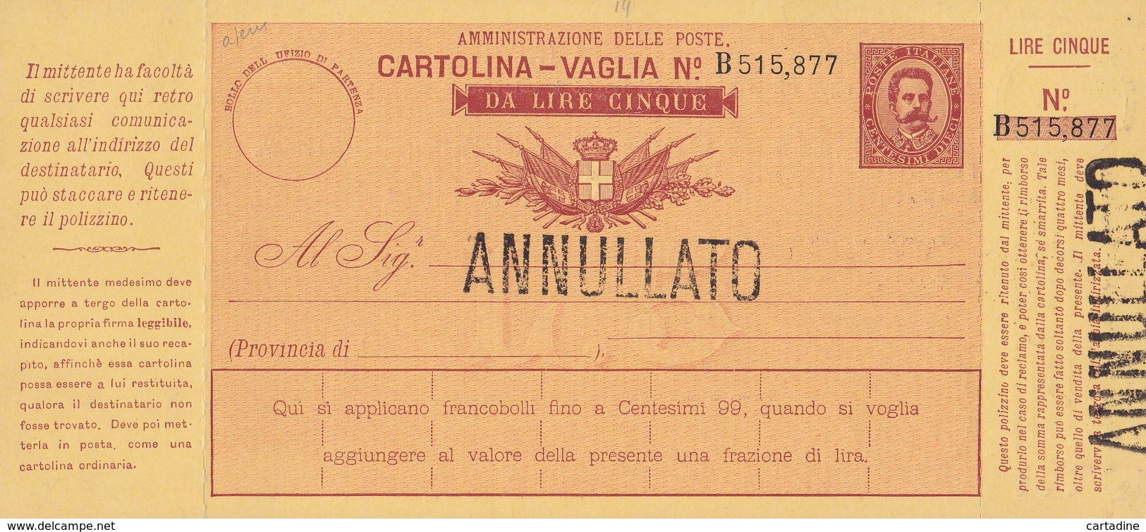 Italia -  Cartolina Vaglia Da Lire 5 - Annullato - Entiers Postaux