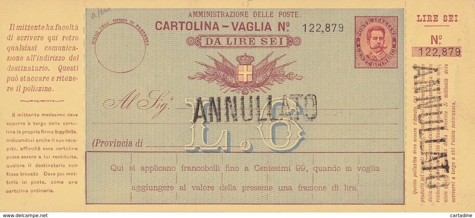 Italia -  Cartolina Vaglia Da Lire 6 - Annullato - Entiers Postaux