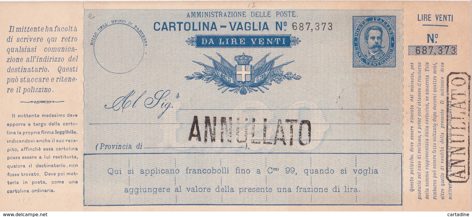 Italia -  Cartolina Vaglia Da Lire 20 - Annullato - Entiers Postaux