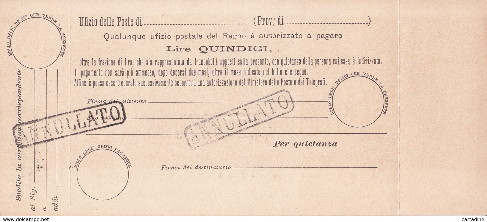 Italia -  Cartolina Vaglia Da Lire 15 - Annullato - Entiers Postaux