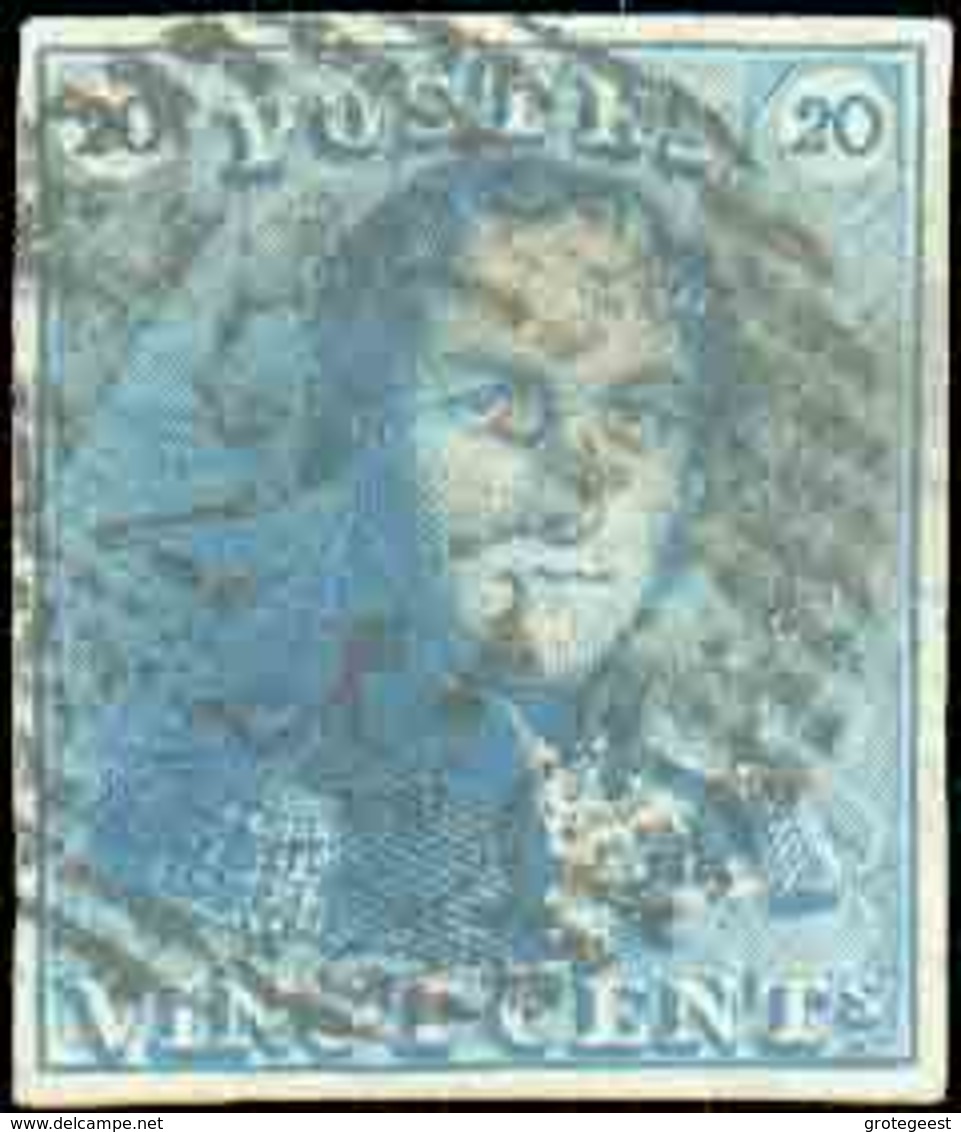 N°2 - Epaulette 20 Centimes Bleue, TB Margée, Obl. P.23 BRUGES Centrale Et Nette. - TB - 13701 - 1849 Epauletten
