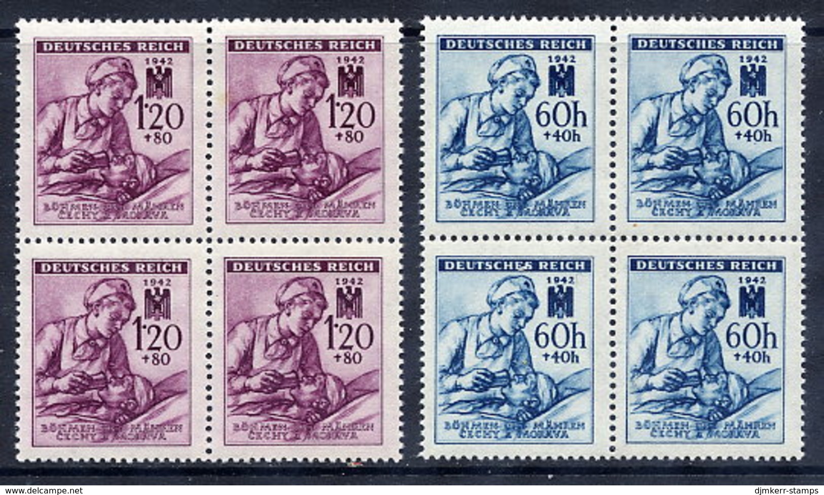 BOHEMIA & MORAVIA 1942 Red Cross Set In Blocks Of 4 MNH / **. Michel 111-12 - Unused Stamps