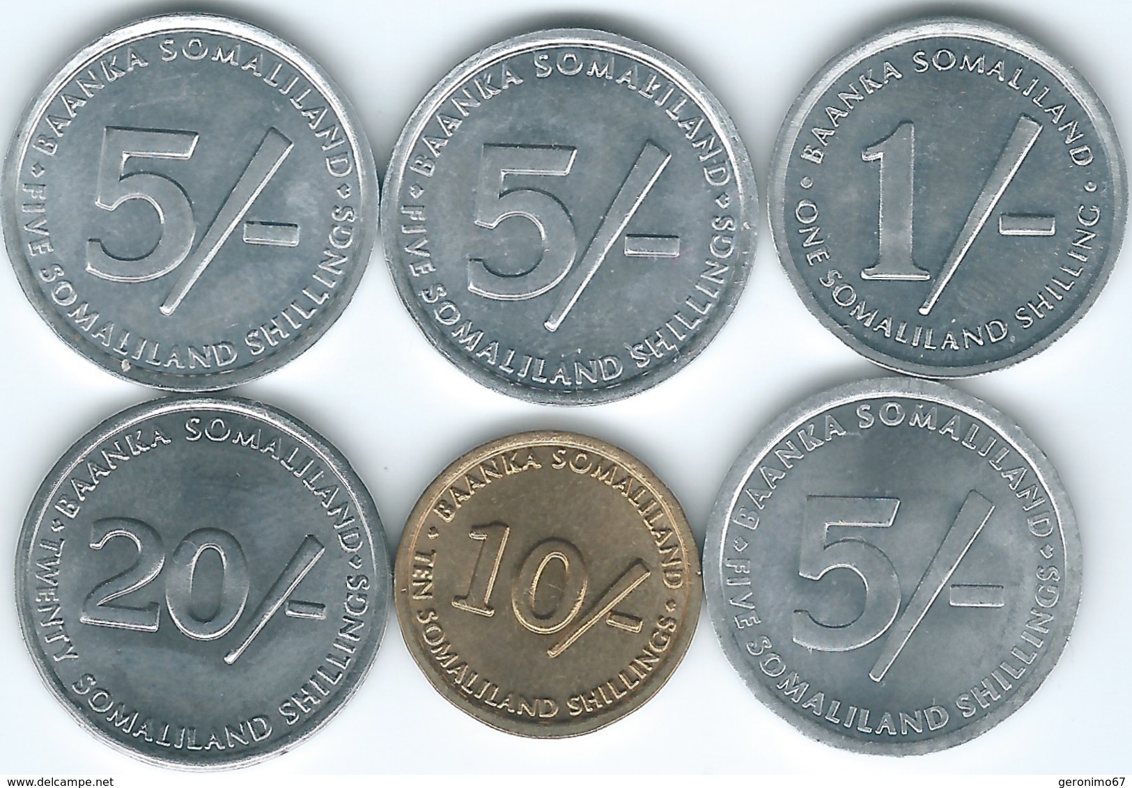 Somaliland - 1 - 1994 (KM1), 5 - 2002 Burton (KM4); KM5; 2005 - (KM19)  10 Vervet - 2002 (KM3) 20 Shillings Dog (KM6) - Somalië