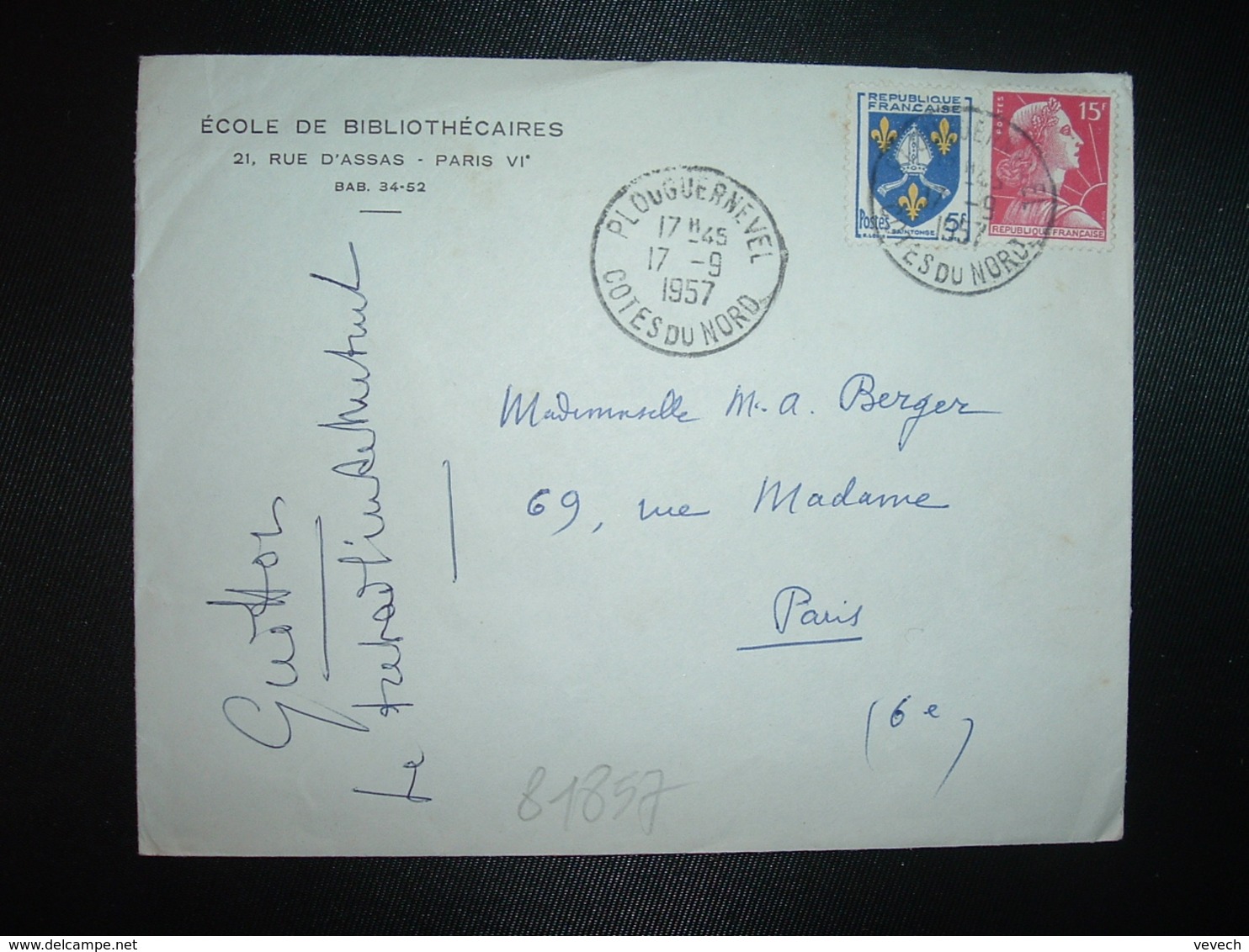 LETTRE TP M. DE MULLER 15F + SAINTONGE 5F OBL.17-9 1957 PLOUGUERNEVEL COTES DU NORD (22) ECOLE DE BIBLIOTHECAIRES - Autres & Non Classés