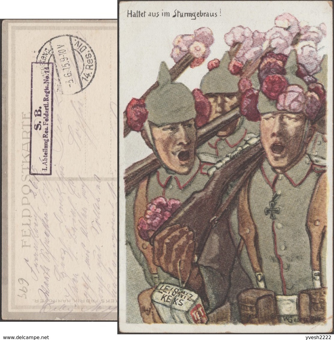 Allemagne 1915. Carte De Franchise Militaire. Soldats Qui Chantent, La Fleur Au Fusil. Biscuits Bahlsens, Leibnitz - Musique