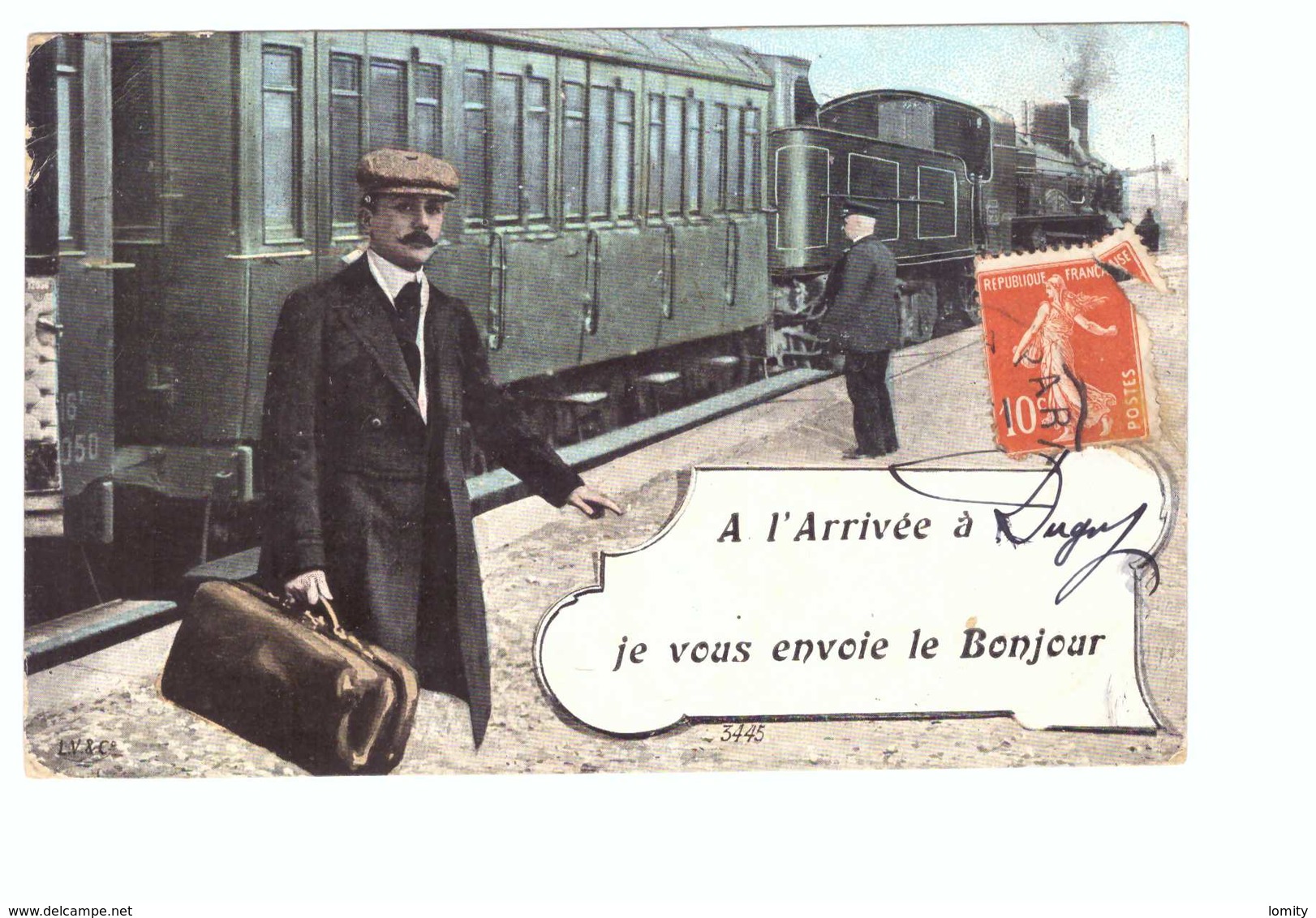 Train Avec Train Locomotive à Vapeur Cpa Carte Fantaisie à L' Arrivée à Dugny Je Vous Envoie Le Bonjour Cachet 1908 - Stazioni Con Treni