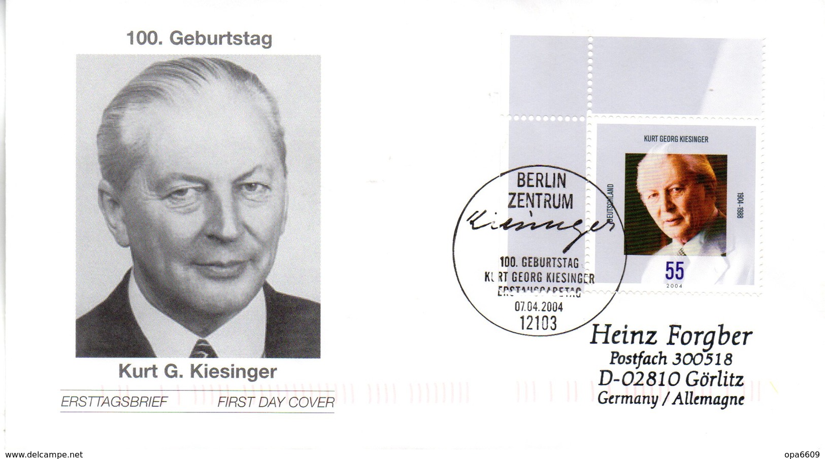 BRD Schmuck-FDC  "100. Geburtstag Von Kurt Georg Kiesinger", Mi. 2396 ESSt 7.4.2004 BERLIN - Sonstige & Ohne Zuordnung