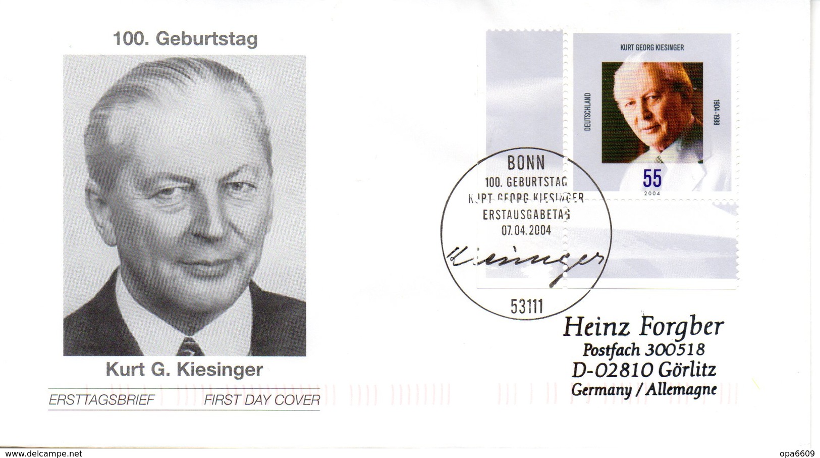 BRD Schmuck-FDC  "100. Geburtstag Von Kurt Georg Kiesinger", Mi. 2396 ESSt 7.4.2004 BONN - Sonstige & Ohne Zuordnung