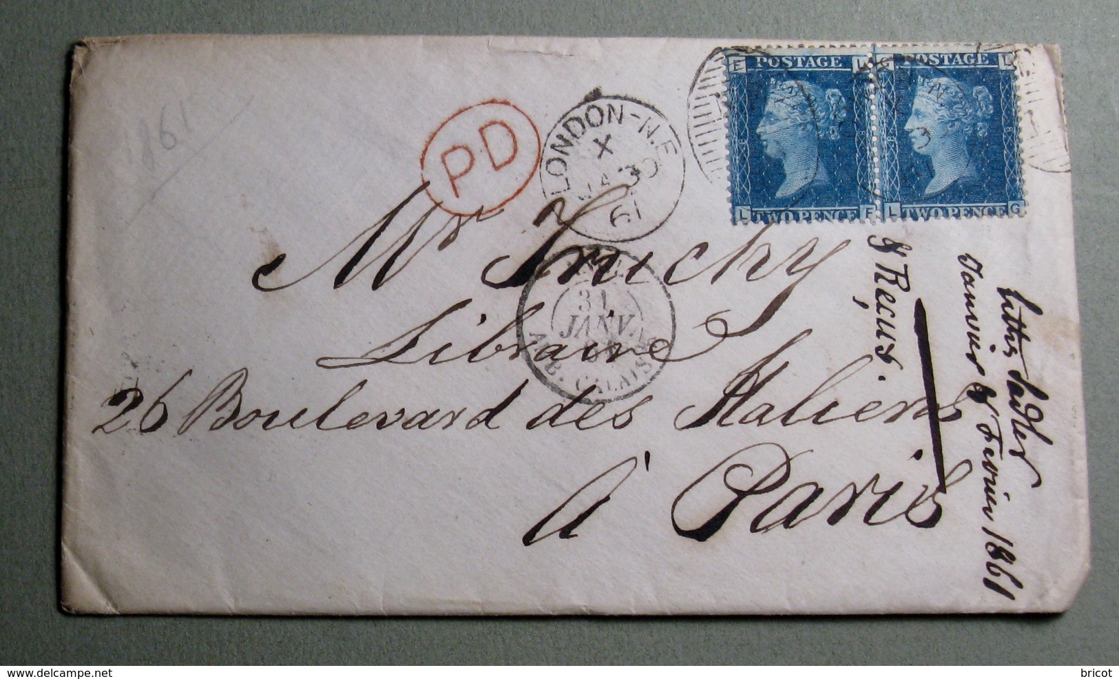 ENVELOPPE 1861 LONDRES - FRANCE - PAIRE 2 Pence - Lettres & Documents