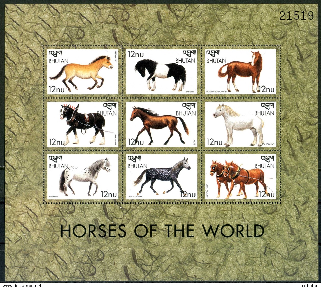 BHUTAN 1999** - Cavalli / Horses  -block Di 9 Val. MNH Come Da Scansione - Cavalli