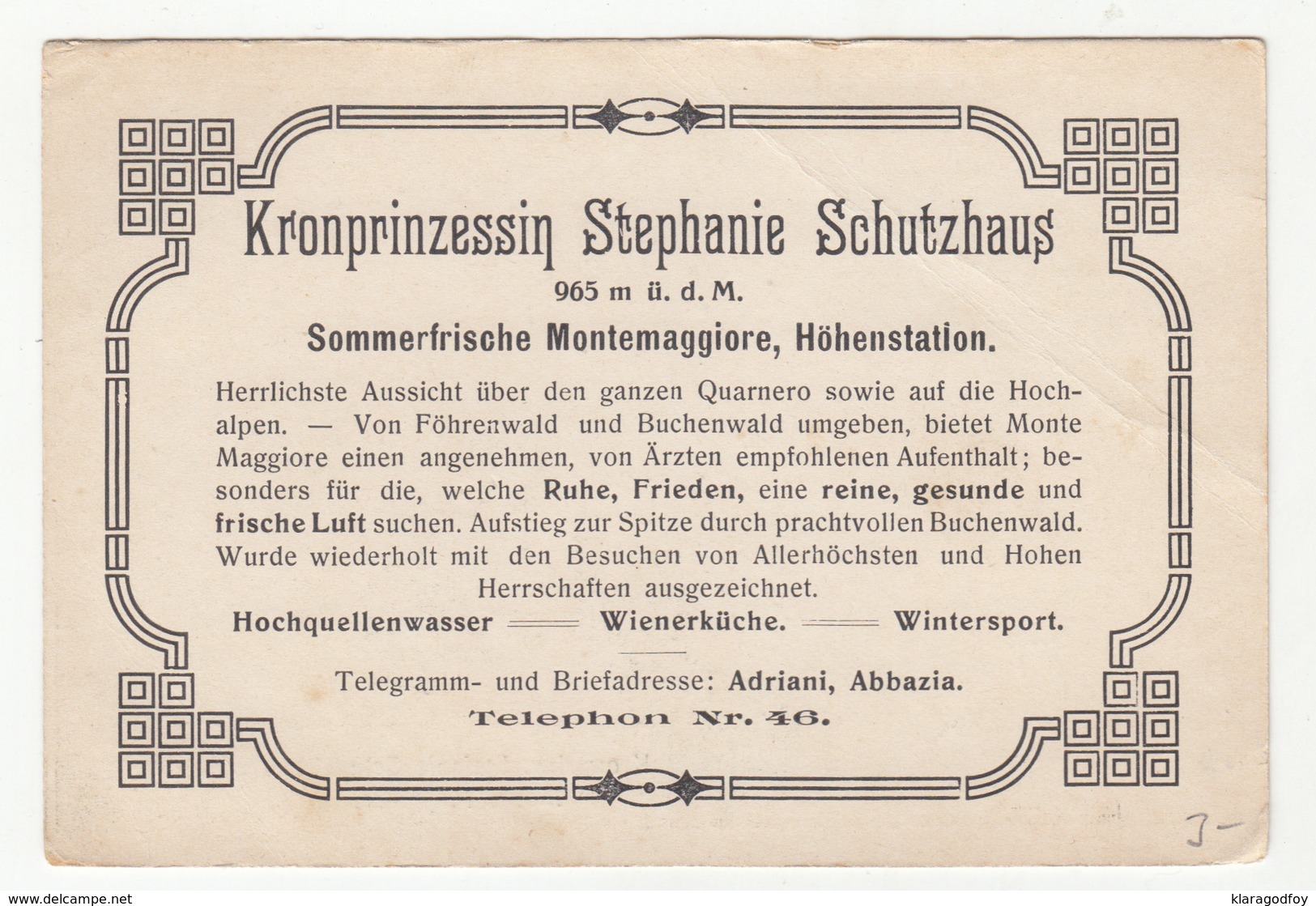 Učka Monte Maggiore Kronprinz. Stefanie Schutzhaus Old Advertising Card B190220 - Croazia