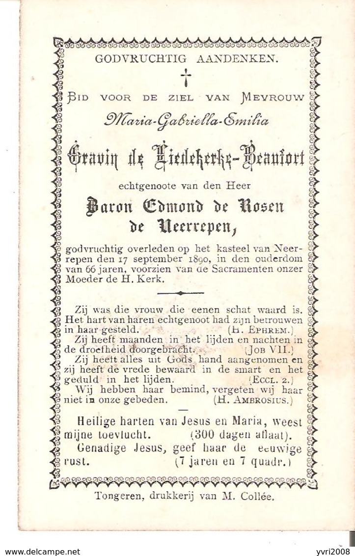 Faire-part Décès Mme Maria GRAVIN De LIEDEKERKE-BEAUFORT épouse BARON Edmond De ROSEN 1890 - Obituary Notices