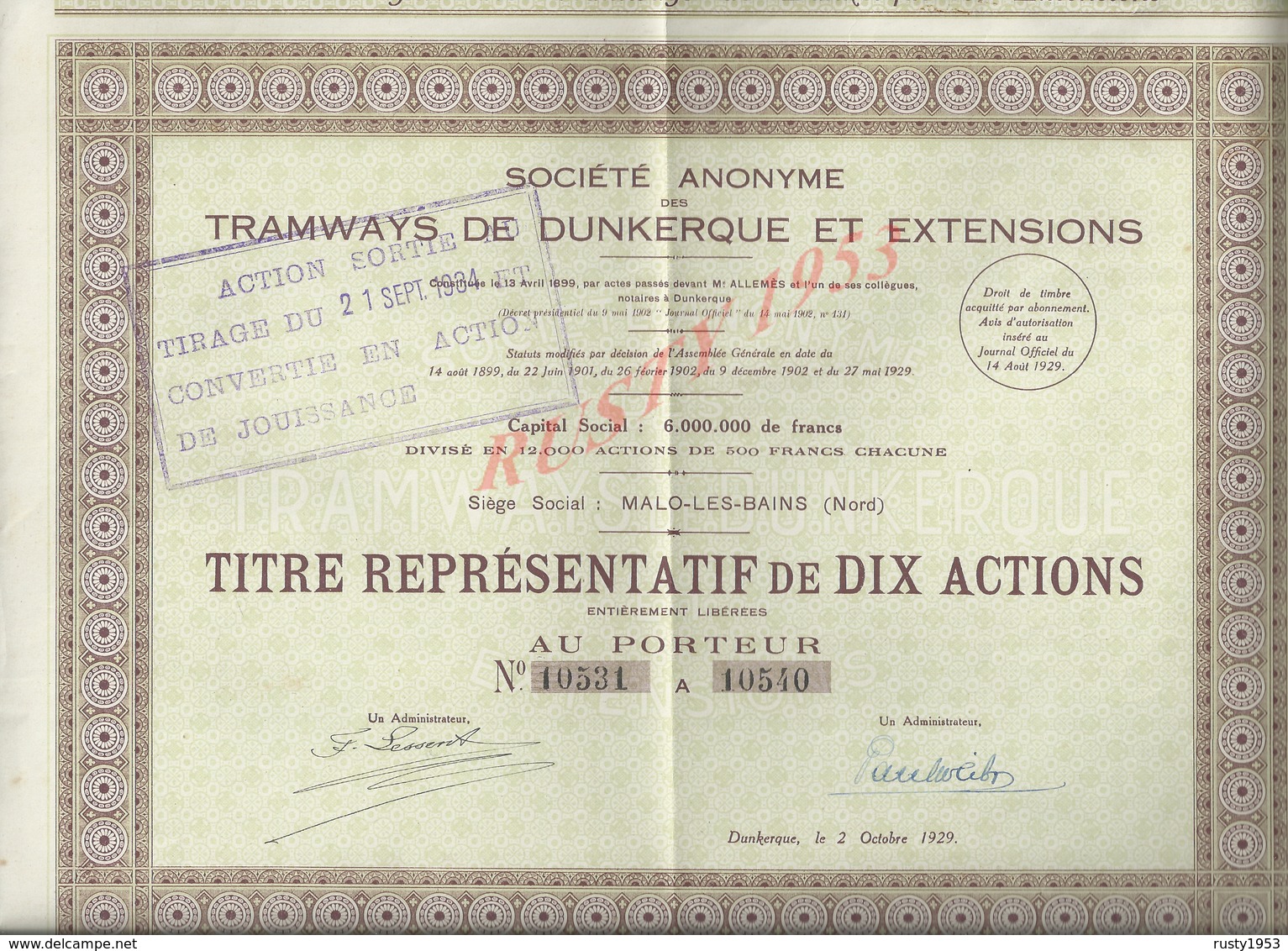 ACTION TRAMWAYS DE DUNKERQUE & EXTENSIONS SIEGE SOCIALE MALO LES BAINS : - Chemin De Fer & Tramway