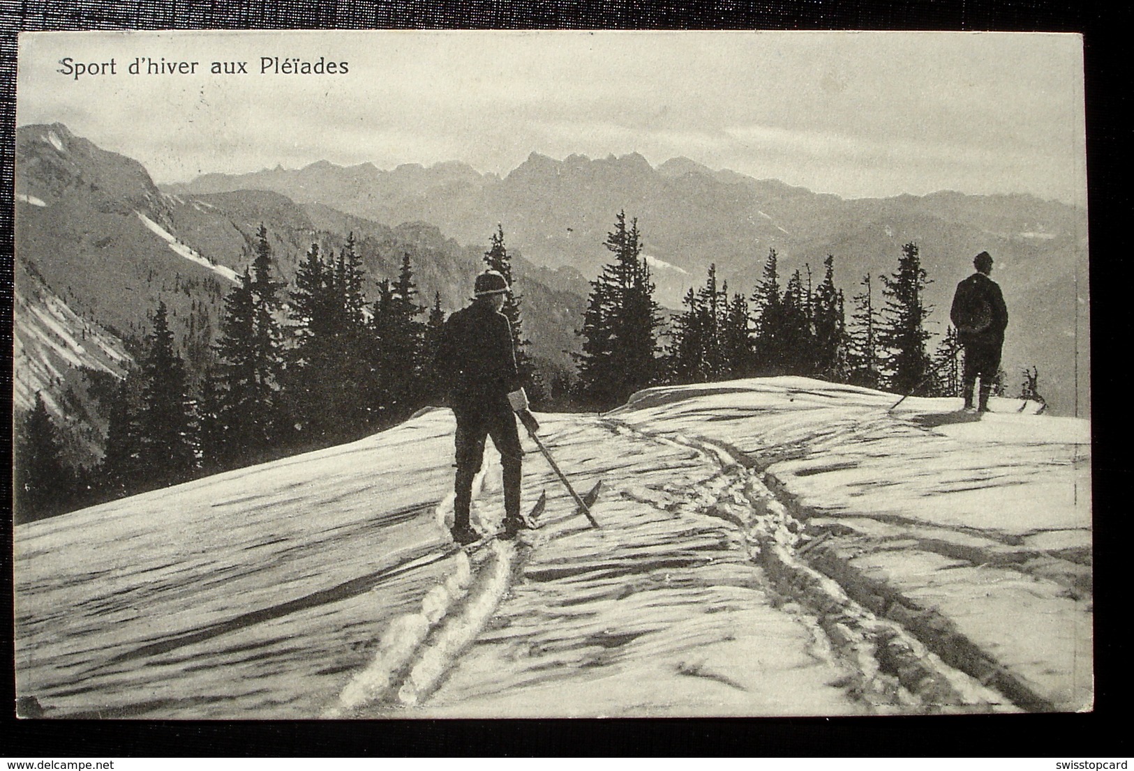 WINTERSPORT Aux Pléiades Ski-Läufer Gel. 1917 V. Blonay Stabstempel Balkenstempel LES PLÉIADES - Autres & Non Classés