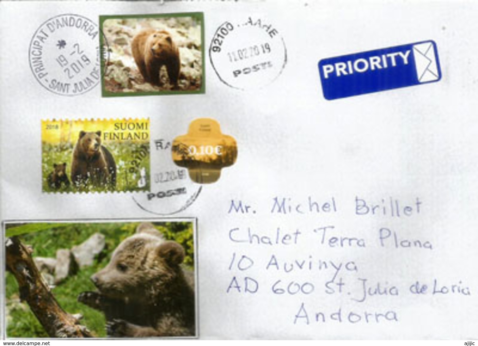 Brown Bears In Finland, Year 2018, Letter Sent To Andorra With Arrival Postmark. - Ours