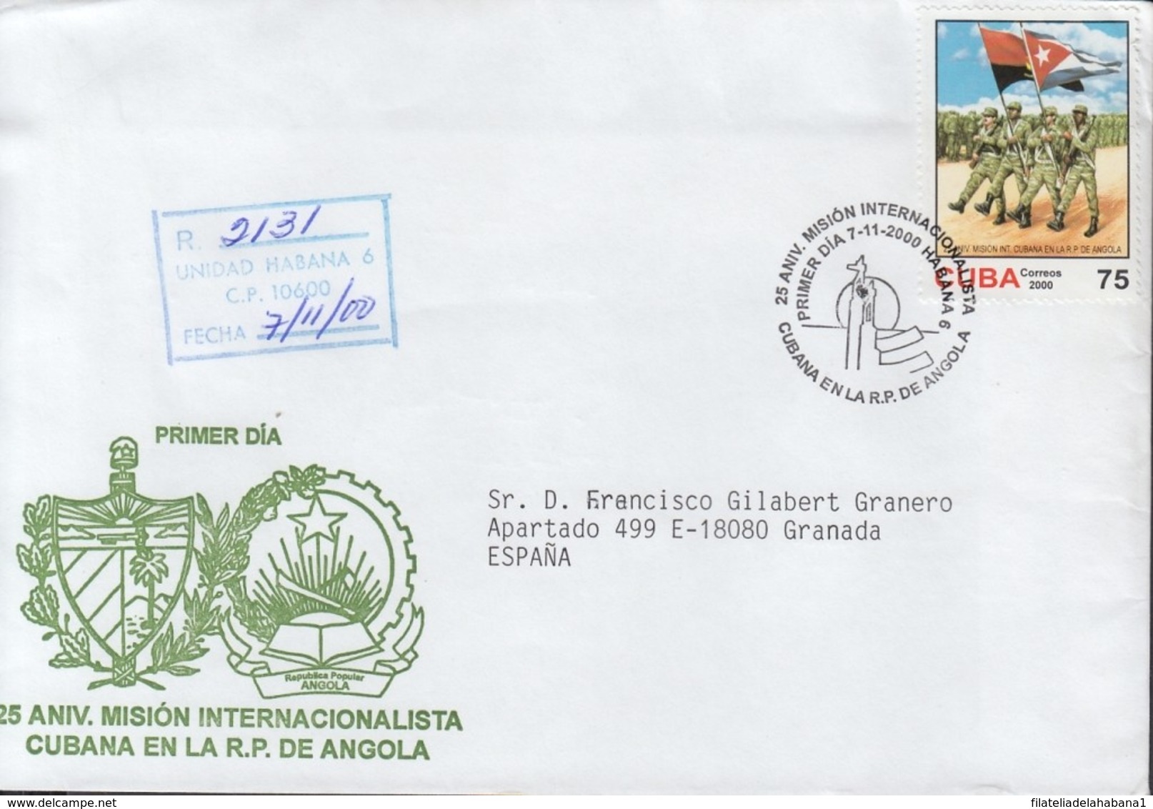2000-FDC-41 CUBA FDC 2000. REGISTERED COVER TO SPAIN. 25 ANIV MISION EN ANGOLA WAR. - FDC