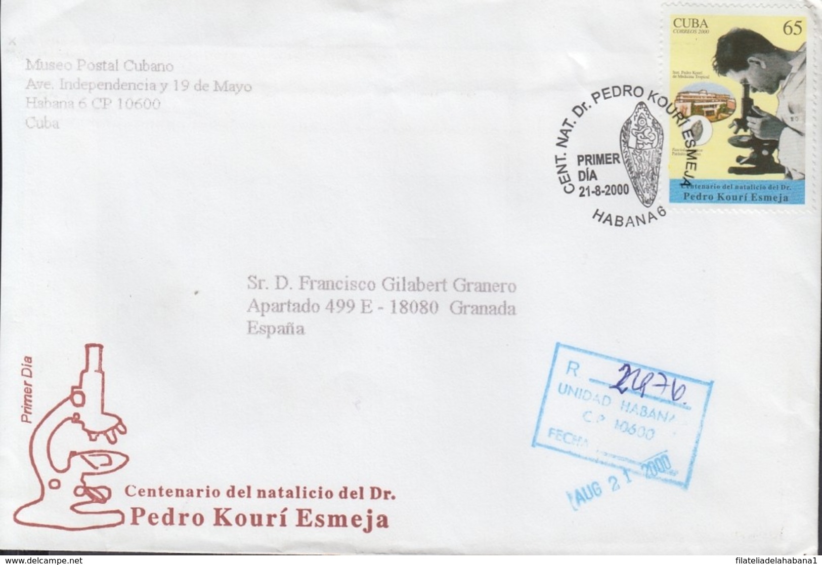 2000-FDC-45 CUBA FDC 2000. REGISTERED COVER TO SPAIN. CENT PEDRO KOURI, MEDICINE, MEDICINA. - FDC