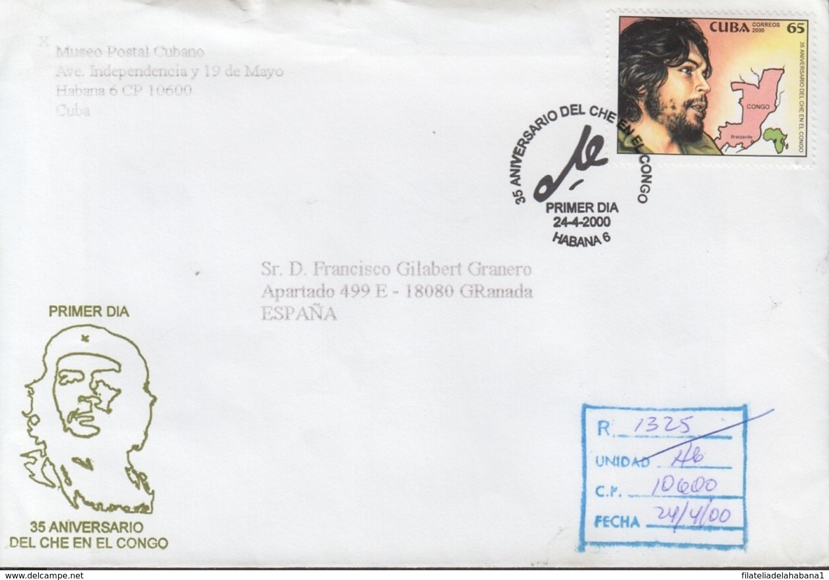 2000-FDC-53 CUBA FDC 2000. REGISTERED COVER TO SPAIN. 35 ANIV ERNESTO CHE GUEVARA E EL CONGO. - FDC