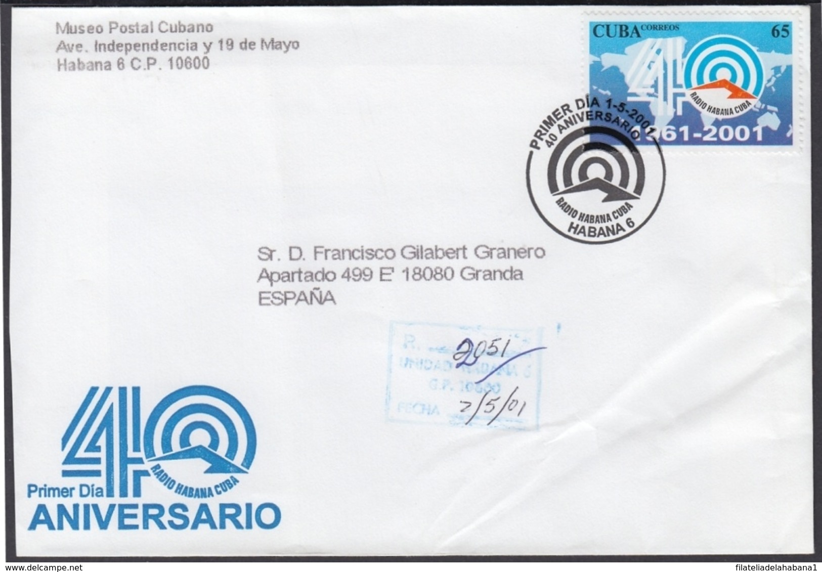 2001-FDC-48 CUBA FDC 2001. REGISTERED COVER TO SPAIN. 40 ANIV RADIO HABANA CUBA. - FDC