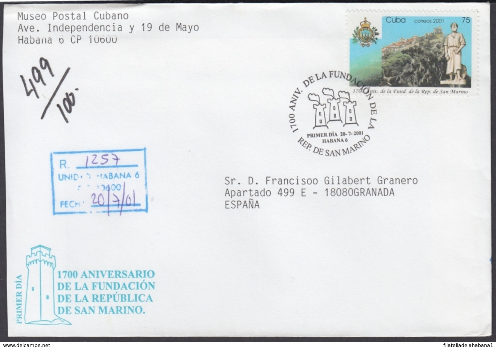 2001-FDC-50 CUBA FDC 2001. REGISTERED COVER TO SPAIN. 1700 ANIV DE SAN MARINO. - FDC