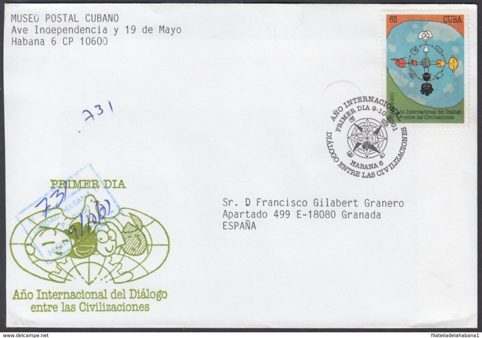 2001-FDC-54 CUBA FDC 2001. REGISTERED COVER TO SPAIN. DIALOGO ENTRE CIVILIZACIONES. - FDC