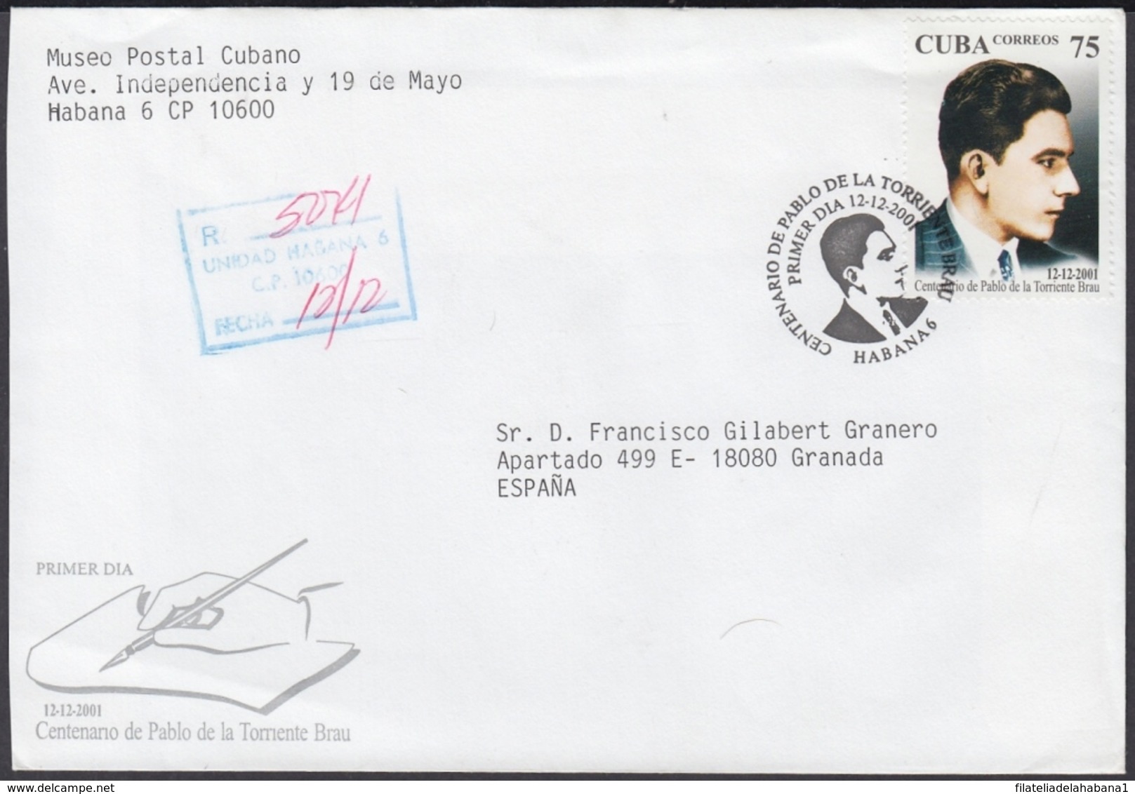 2001-FDC-59 CUBA FDC 2001. REGISTERED COVER TO SPAIN. CENT PABLO DE LA TORRIENTE BRAU. - FDC