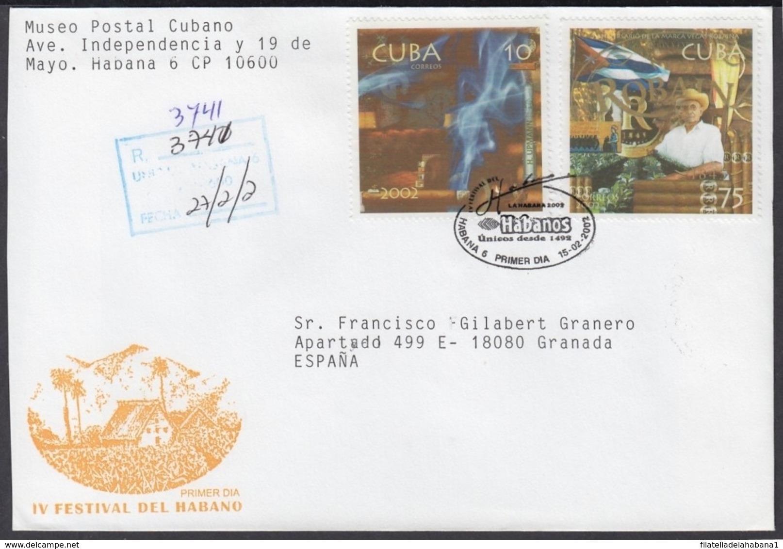 2002-FDC-36 CUBA FDC 2002. REGISTERED COVER TO SPAIN. FESTIVAL DEL HABANO, TABACO, TOBACCO. - FDC