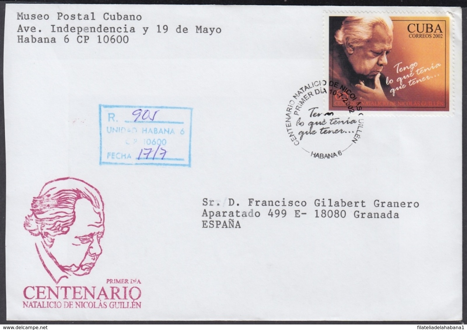 2002-FDC-45 CUBA FDC 2002. REGISTERED COVER TO SPAIN. CENT NACIMIENTO NICOLAS GUILLEN, POET. - FDC