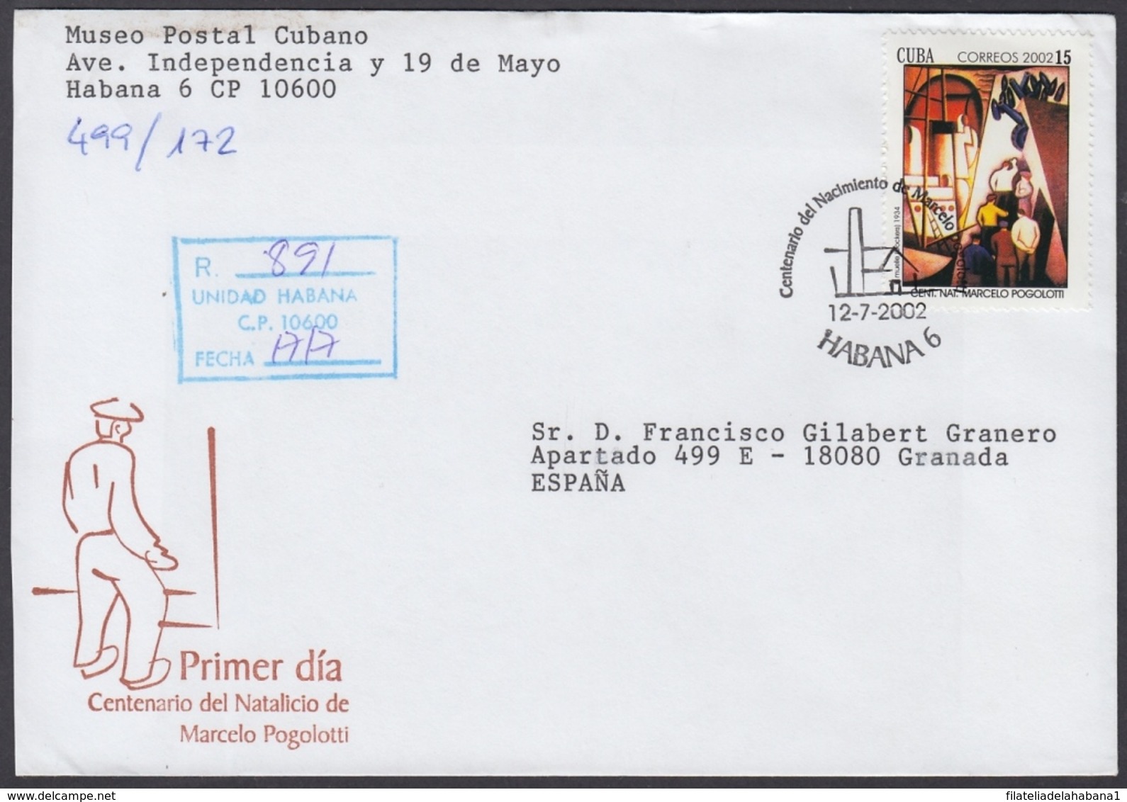 2002-FDC-46 CUBA FDC 2002. REGISTERED COVER TO SPAIN. CENT NACIMIENTO MARCELO POGOLOTTI, ART PAINTING. - FDC