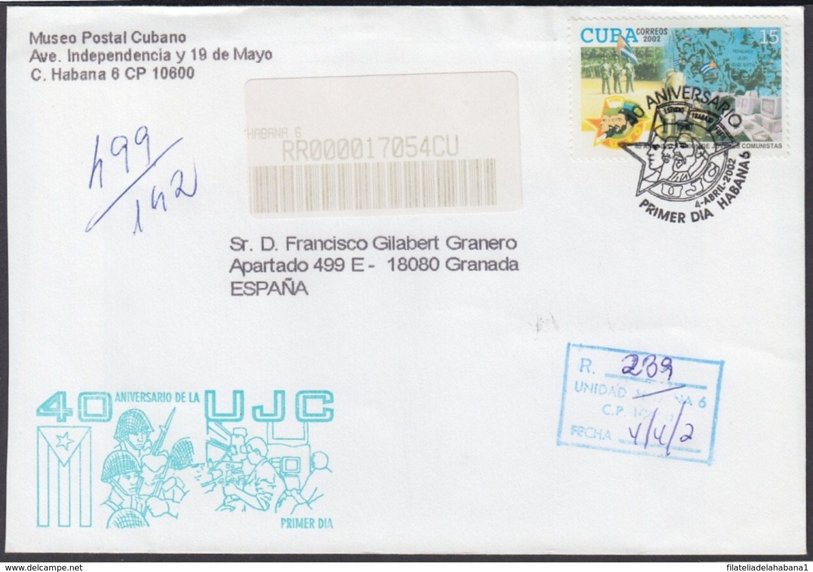 2002-FDC-49 CUBA FDC 2002. REGISTERED COVER TO SPAIN. 40 ANIV UJC, ERNESTO CHE GUEVARA. - FDC