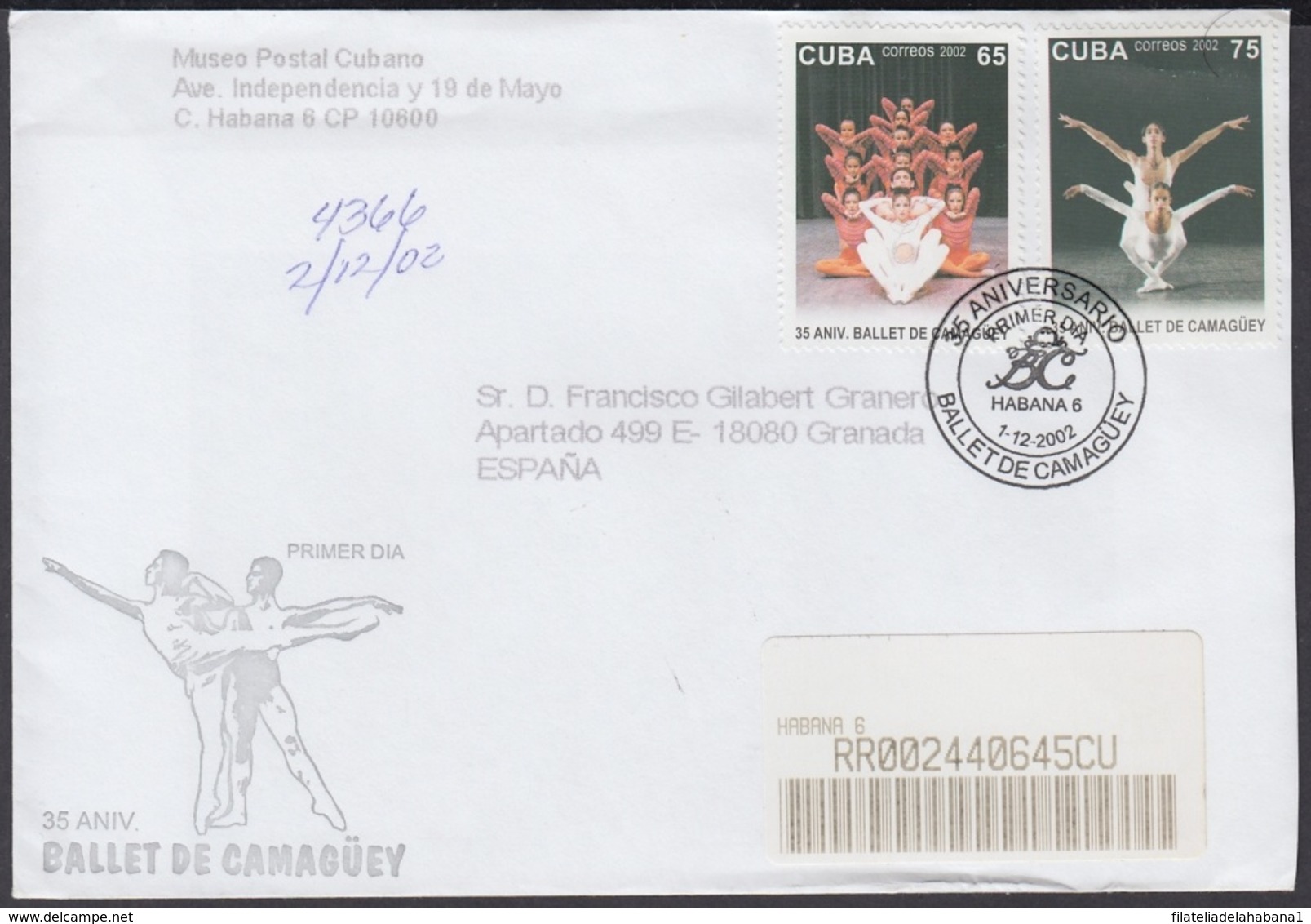 2002-FDC-56 CUBA FDC 2002. REGISTERED COVER TO SPAIN. 35 ANIV BALLET NACIONAL ALICIA ALONSO. - FDC