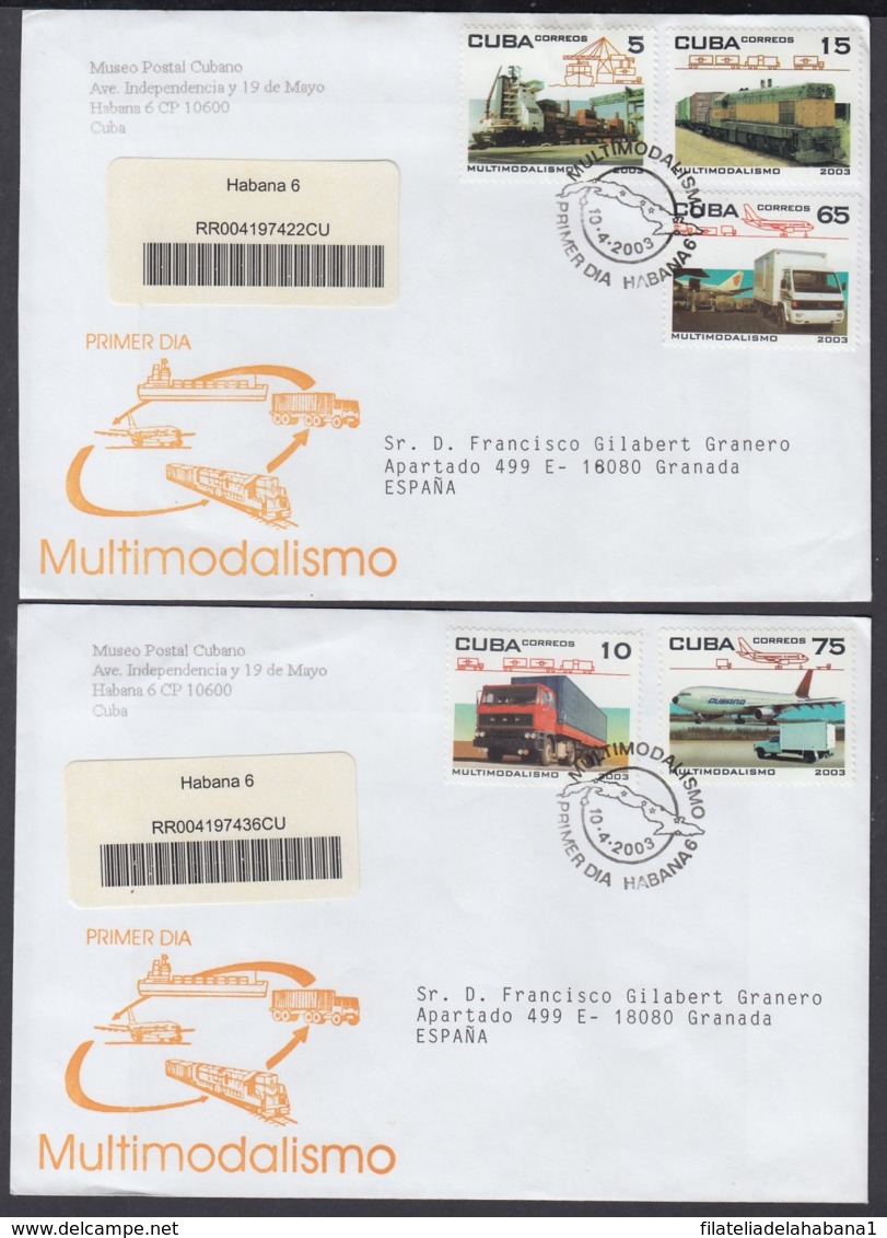 2003-FDC-46 CUBA FDC 2003. REGISTERED COVER TO SPAIN. MULTIMODELISMO, RAILROAD, CAMION, CAR. - FDC