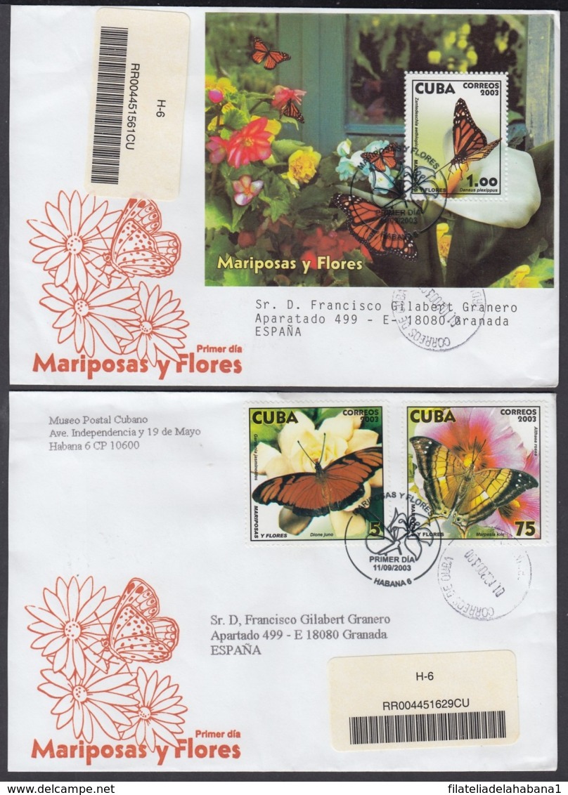 2003-FDC-50 CUBA FDC 2003. REGISTERED COVER TO SPAIN. MARIPOSAS Y FLORES, BUTTERFLIES, FLOWERS. - FDC