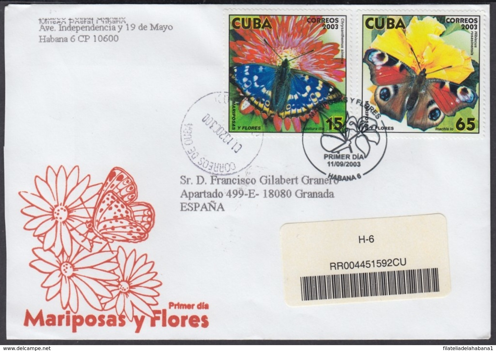 2003-FDC-50 CUBA FDC 2003. REGISTERED COVER TO SPAIN. MARIPOSAS Y FLORES, BUTTERFLIES, FLOWERS. - FDC