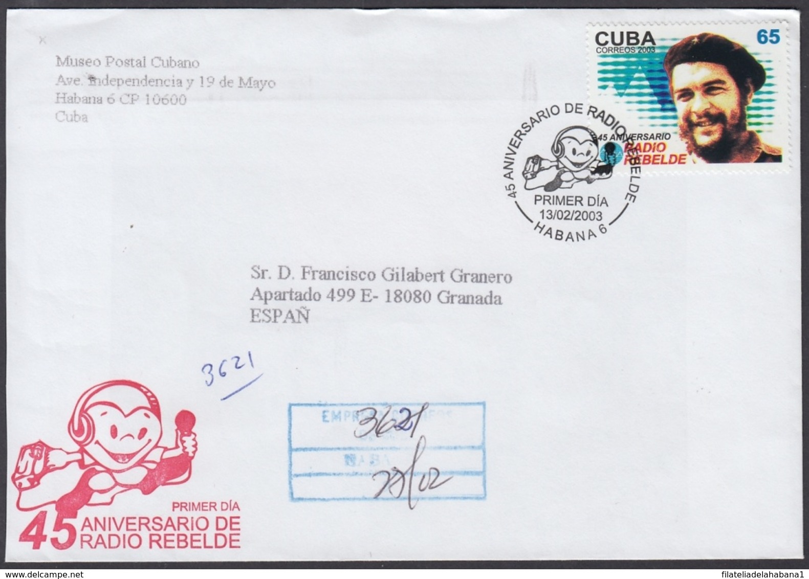 2003-FDC-61 CUBA FDC 2003. REGISTERED COVER TO SPAIN. 45 ANIV RADIO REBELDE, ERNESTO CHE GUEVARA. - FDC
