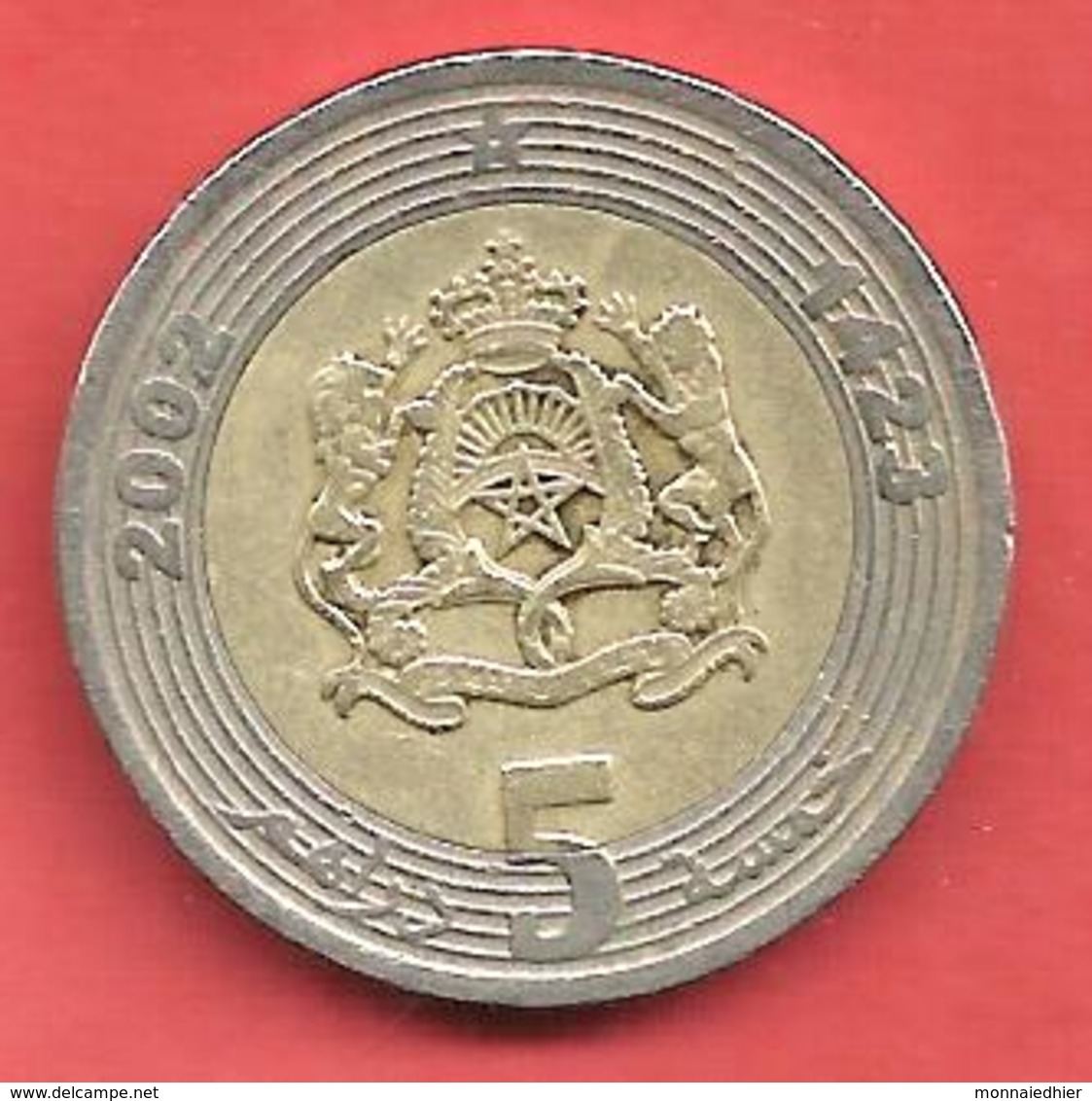 5 Dirhams , MAROC , Centre: Laiton , Couronne: Cupro-Nickel , AH 1423 , 2002 , N° Y # 109 - Maroc