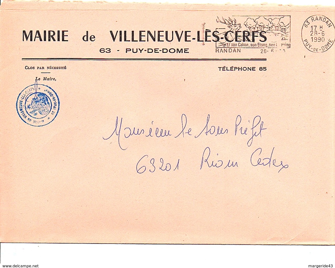 LETTRE DE MAIRIE DE VILLENEUVE LES CERFS PUY DE DOME - 1961-....