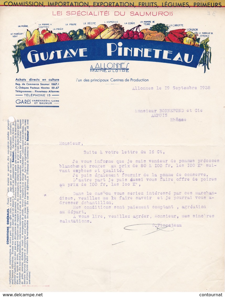 49 ALLONNES COURRIER 1938  Spécialté Du SaumuroiS  Fruits Légumes PINNETEAU  X30 Maine Et LOIRE - 1900 – 1949