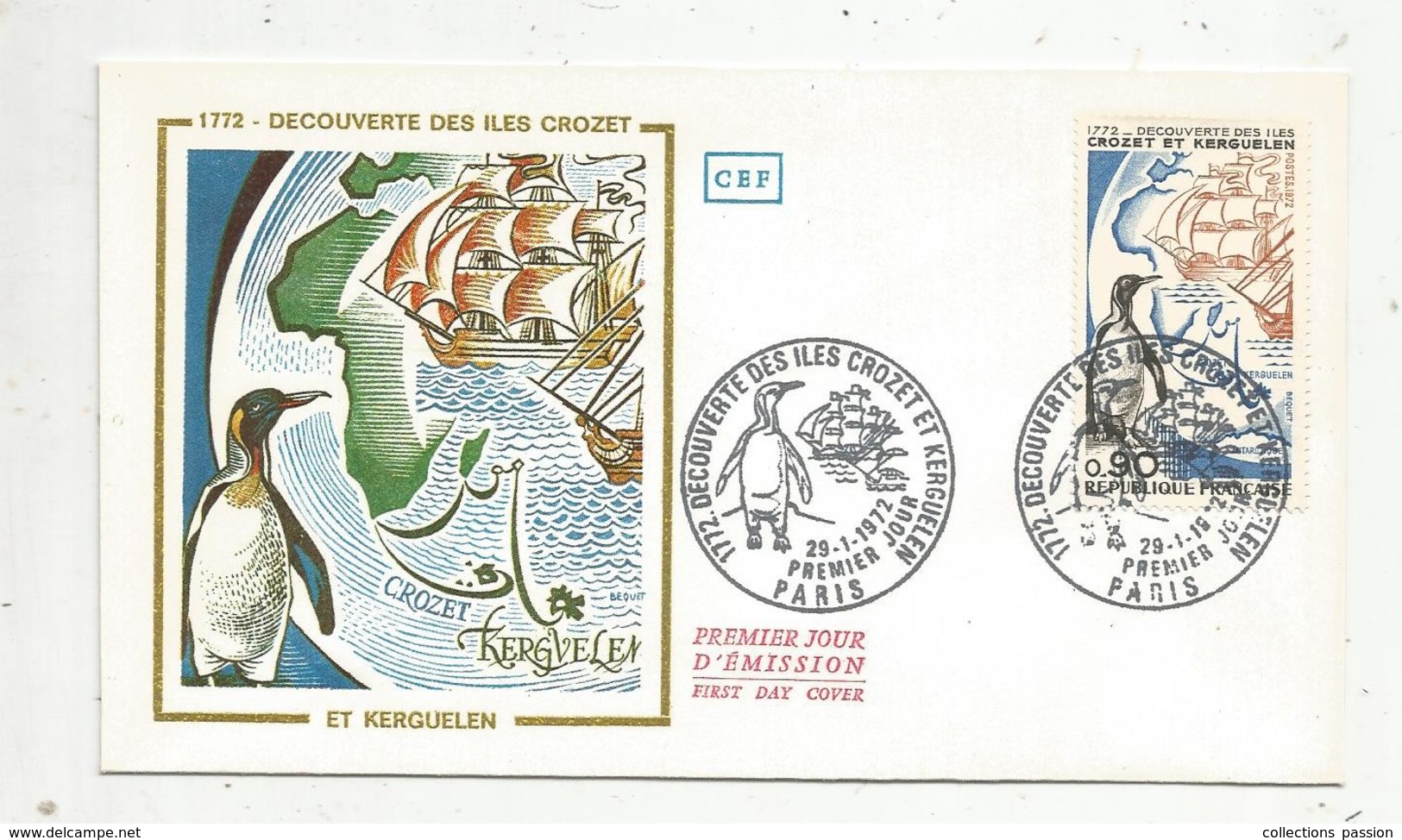 Fdc , Premier Jour D'émission ,  DECOUVERTES DES ILES CROZET , Paris , 1972 - 1970-1979