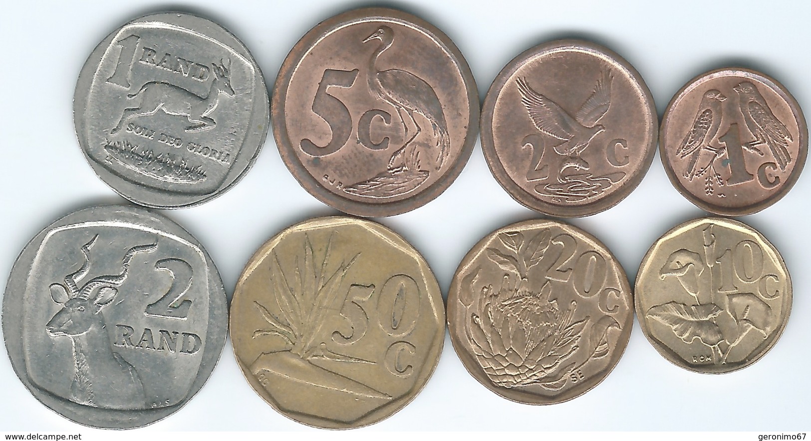 South Africa - 1 (1991) 2 (1992) 5 (1993) 10 (1992) 20 (1993) & 50 Cents (1992); 1 (1993) & 2 Rand (1995) (KMs 132-139) - South Africa