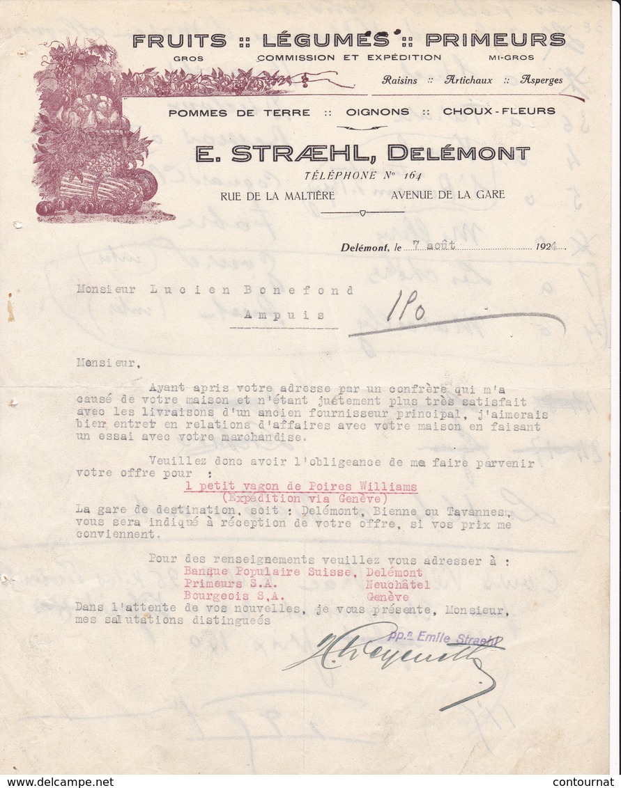 SUISSE DELEMONt Jura COURRIER 1924 Fruits Légumes  STRAEHL  X30 - Suisse