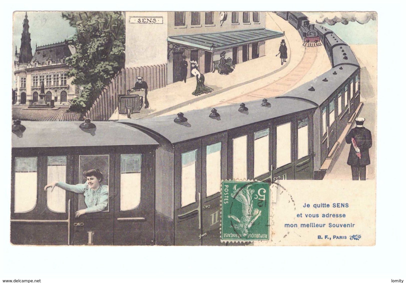 89 Sens Cpa Carte Fantaisie Train Gare , Je Quitte Sens Et Vous Adresse Mon Meilleur Souvenir Cachet 1912 - Sens