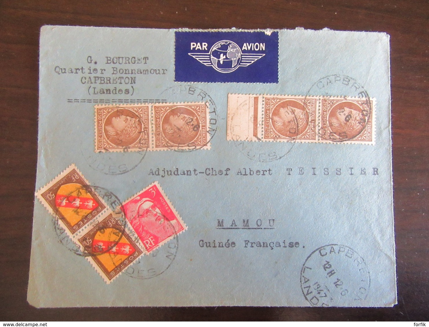 France Vers Guinée (Mamou) - Correspondance Militaire Timbrée (Cérès Mazelin, Armoiries, Marianne) Circulée En 1947 - 1921-1960: Modern Period