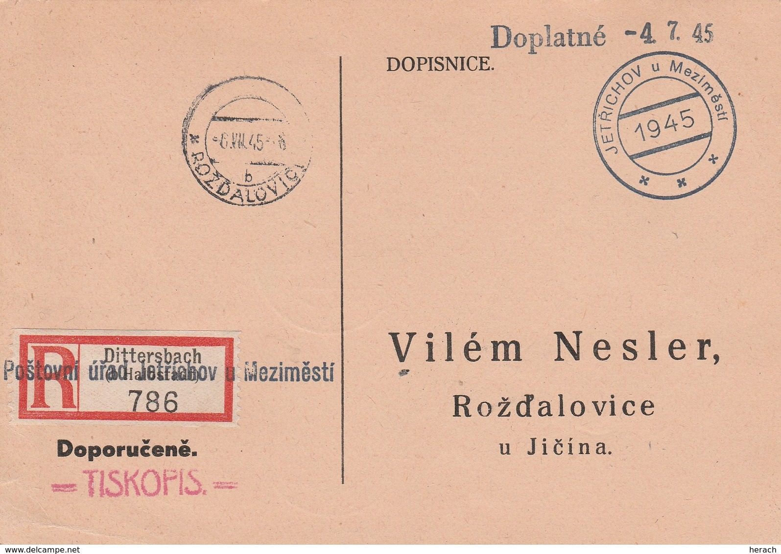 Tchécoslovaquie Carte Recommandée Dittersbach 1945 - Lettres & Documents