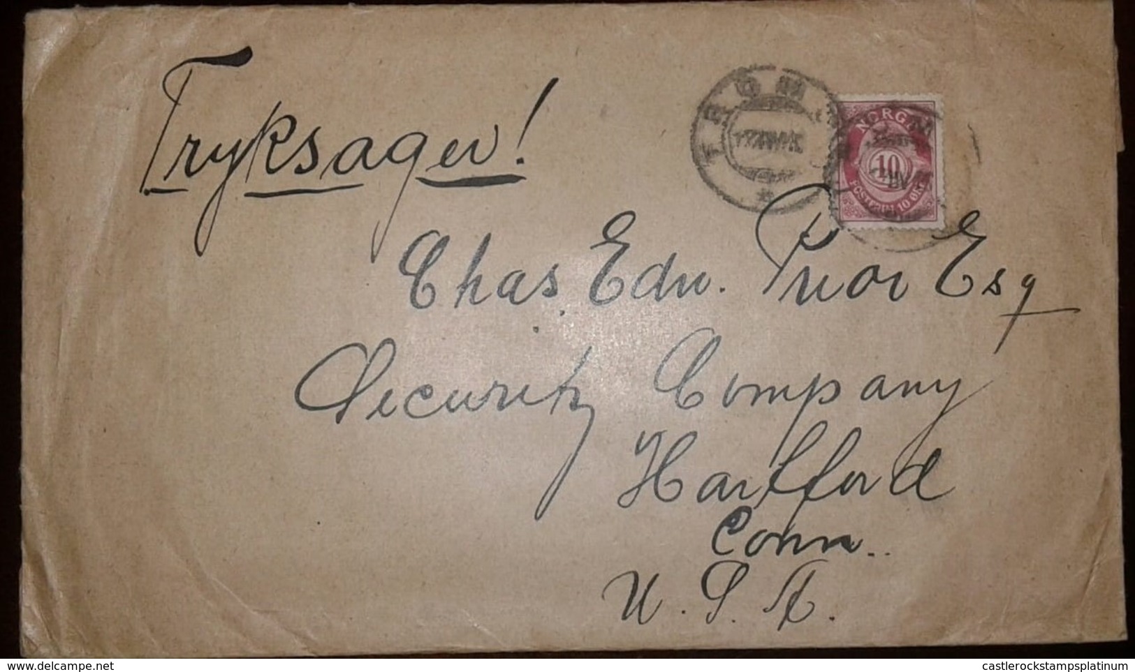 O) 1880 CIRCA.NORWAY, POST HORN NORGE IN SANS-SERIF CAPITALS SCT 25 10o Rose, FROM TROMSO TO USA - Covers & Documents