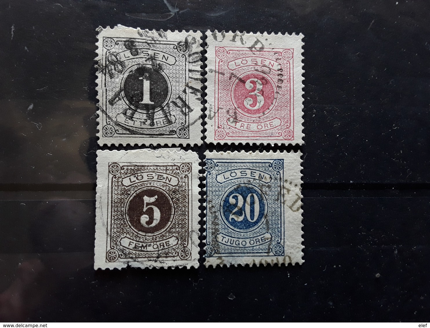 SVERIGE SUEDE SWEDEN 1874 TAXE LOSEN,4 Timbres  Dentele 13 , No 1, 2, 3, 6 , Obl Btb, Cote 17 Euros - Impuestos