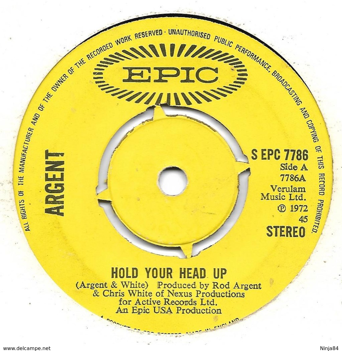 SP 45 RPM (7")   Argent   "  Hold Your Head Up  "  Angleterre - Rock