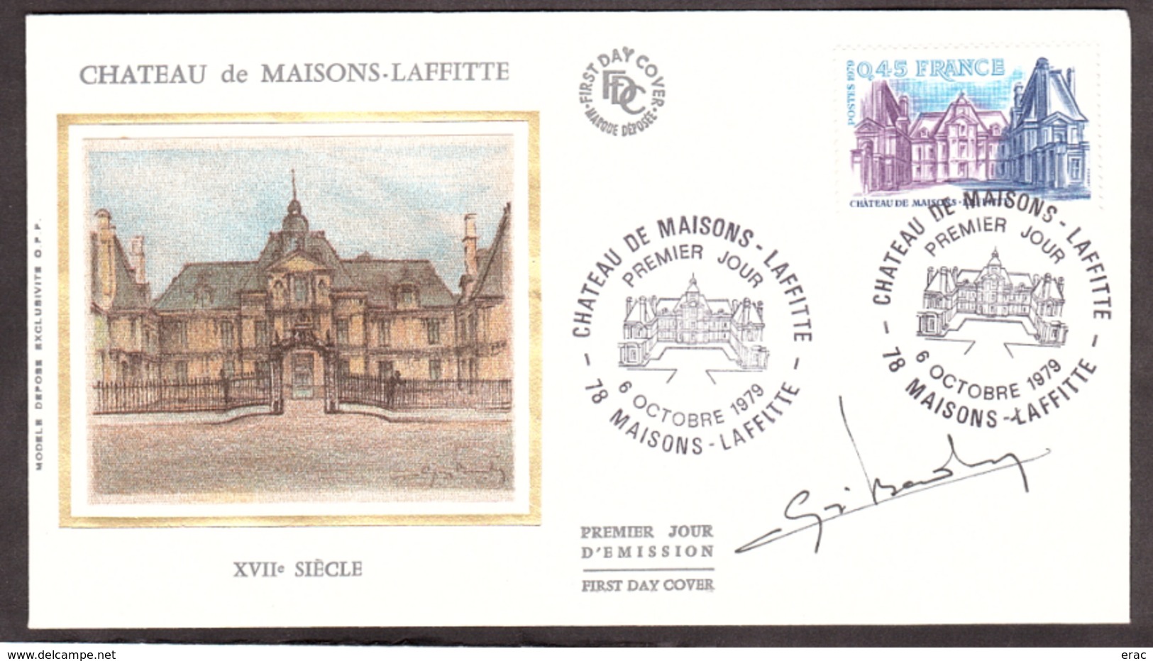 FDC Château Maisons-Laffitte - 1979 - Signature Dessinateur (Baudry ?) De L'illustration Sur Soie - 1970-1979